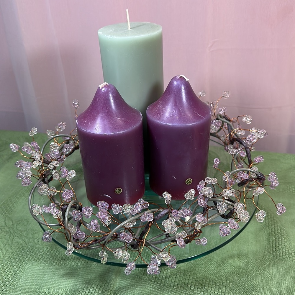 Partylite Stratus 3 wick glass Candle Holder & Vintage Beaded Candle Wreath NIB